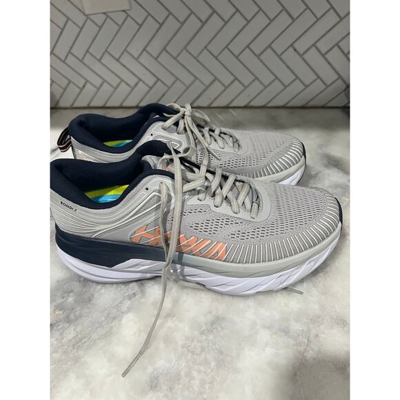 Hoka One One Bondi 7 Women’s Running Shoes Size 9 Gray Coral Navy Cushioned - Picture 8 of 10